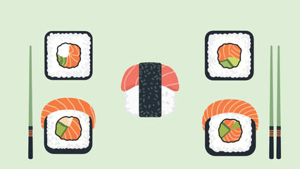 Assorted sushi rolls and nigiri with chopsticks on a light green background  bundle design