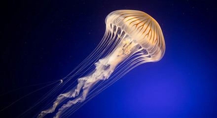 Stripped Jellyfish in Deep Blue Water - Stock Photo