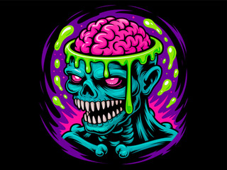 Scary zombie skull with exposed brain dripping slime cartoon vector illustration for Halloween design sticker, t-shirt, poster, banner, greeting card, clipart. Halloween cartoon zombie head character