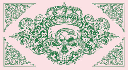 Ornate vintage engraving of skull illustration, surrounded by swirling victorian baroque floral flourishes.tattoo design