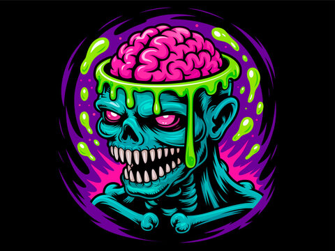 Scary zombie skull with exposed brain dripping slime cartoon vector illustration for Halloween design sticker, t-shirt, poster, banner, greeting card, clipart. Halloween cartoon zombie head character