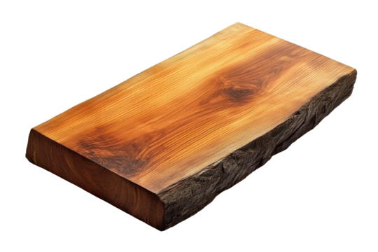 Rustic wooden block with natural bark edge isolated on transparent background. Polished rectangular wooden slab with visible knots and natural grain patterns isolated on white background.