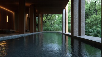 Fototapeta premium Elegant indoor swimming pool at a luxurious spa retreat, featuring minimalist architecture and a serene view of a lush green forest