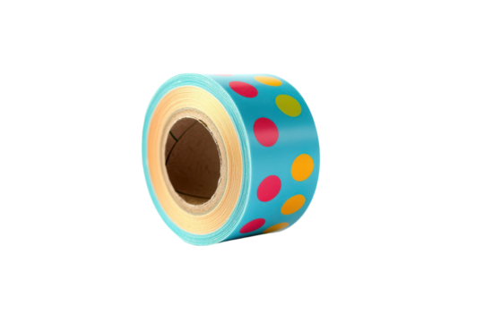 Rolls of colorful polka dot ribbon stacked isolated on transparent background. Polka dot washi tape roll isolated on white background.