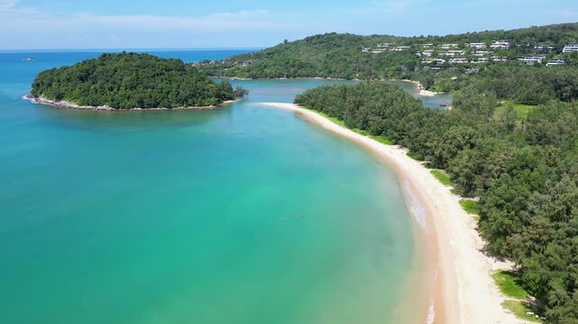 Aerial top down view on the north tip of Layan and Bang Tao Beach in Phuket, Thailand.
