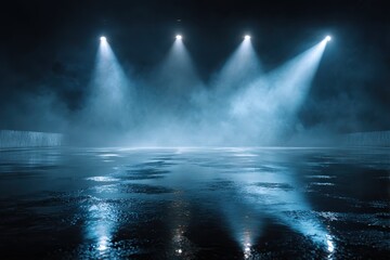 Dark street, wet asphalt, reflections of rays in the water. Abstract dark blue background, smoke, smog. Empty dark scene, neon light, spotlights. Concrete floor