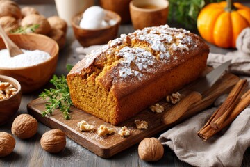 Sliced pumpkin bread with seeds and nuts on rustic wooden background. Pumpkin Bread with Nuts, concept of autumn baking