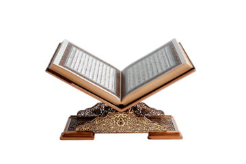 A beautifully displayed Quran on an ornate wooden stand, showcasing religious significance and reverence with intricate details.