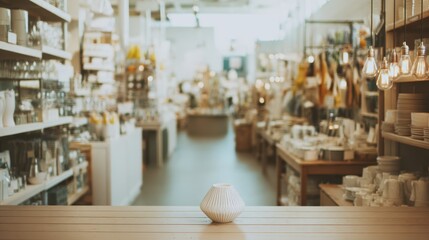 Medium shot focusing on carefully arranged store layout elements that contribute to improved acoustics doorways and fixtures softly out of focus around the center object.