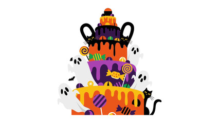 Halloween Cake: This vibrant illustration of a multi-layered Halloween cake adorned with spooky elements like ghosts, candy, and black cat. Perfect for conveying the festive spirit of Halloween.