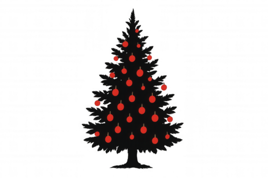 Christmas tree silhouette with red ornaments, representing winter holiday celebration and festive decor, transparent background