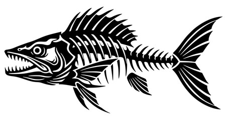 Aggressive Fish Skeleton or Fossil Black and White Illustration, fish, skeleton, aggressive, fishing, tattoo