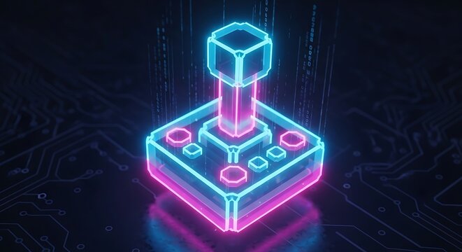 A futuristic neon joystick with a glowing blue and pink outline, set against a dark background with circuit board patterns.