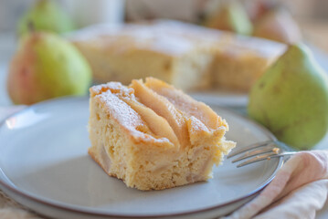 Pear pie on a white plate 
