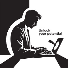 Unlock Your Potential: Focused Businessman Silhouette Working on Laptop Vector