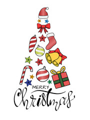 A whimsical Christmas tree shape formed by festive ornaments