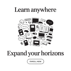 Learn Anywhere: Online Education Web Banner with Hand-Drawn Icons