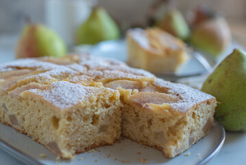 Pear pie on a white plate 