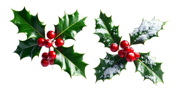 Pair of decorative holly branches with berries isolated on transparent background