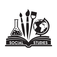 Social Studies Academic Subject Vector Icon with Globe, Art, and Science Symbols