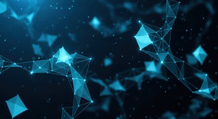 A network technology background with a futuristic scene and glowing blue polygon elements.