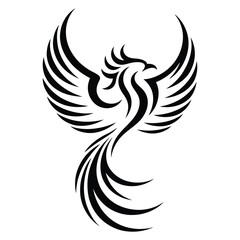 Tribal style black phoenix rising with flaming wings and flowing tail feathers