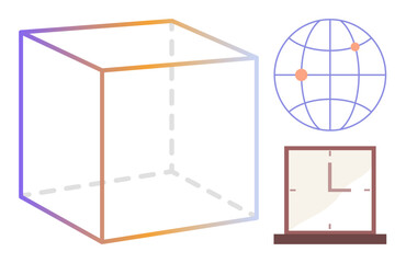 Transparent cube with dashed edges, minimal globe with coordinates, and clock on stand. Ideal for science, mathematics, geography, technology, education global communication time management. Simple