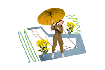 Composite photo collage of astonished girl hold yellow parasol chrysanthemum bouquet bloom flowers spring isolated on painted background