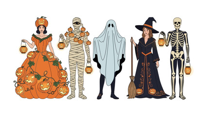 Spooky Halloween Costume Showcase: A whimsical parade of Halloween costumes, each embodying a classic character, ready for trick-or-treating.