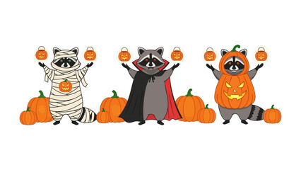 Halloween Raccoon Costume: three adorable raccoons, each uniquely attired in festive Halloween costumes and surrounded by carved pumpkins, exuding playful Halloween spirit.