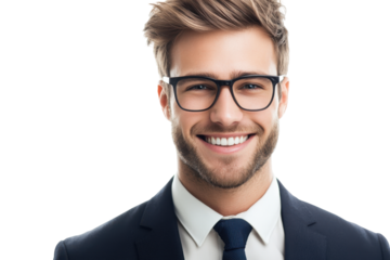 Smiling businessman wearing glasses and suit isolated on transparent background. Portrait of a handsome and smiling businessman wearing glasses isolated on white background.