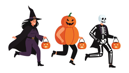 Halloween Trio in Costume: a witch, a pumpkin, and a skeleton running and enjoying trick-or-treating. Perfect for seasonal fun.
