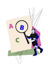 Vertical photo collage of happy girl hold magnifier loupe paper sheet letters zoom education concept isolated on painted background