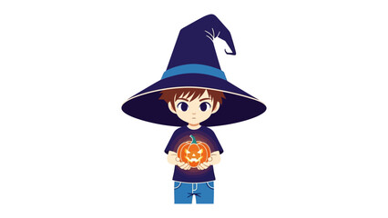Little Witch's Halloween: A charming illustration of a young boy, dressed as a little witch, holding a glowing pumpkin. It captures the essence of childhood wonder and seasonal festivities.
