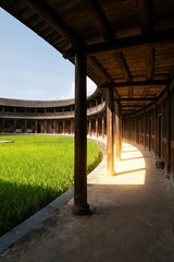 Corridor of Circular Tulou and Rice Field, Chinese Traditional Architectural Landscape