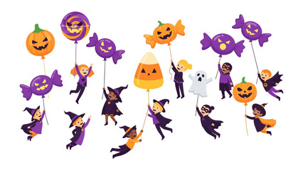 Spooky Celebrations: A delightful illustration captures the joy of children dressed in Halloween costumes, joyfully floating with festive balloons, celebrating a spooktacular holiday