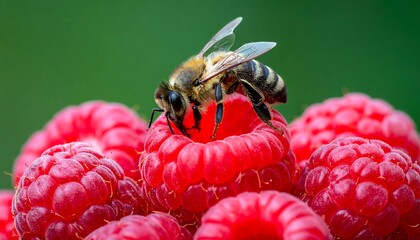 Close-up of bee on ripe raspberries