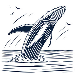 A majestic humpback whale breaches the ocean surface in a dramatic leap surrounded by stylized waves and soaring seagulls against a clean white background © Mamun