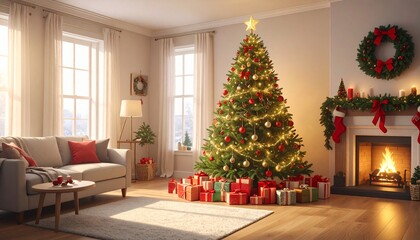 un árbol de Navidad en un salón hogareño decorado con espíritu navideño. El árbol es frondoso, iluminado con luces cálidas y adornado con bolas rojas, doradas y plateadas.