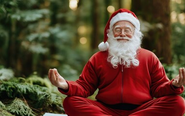 Santa meditates in autumn forest for holiday stress relief and mindfulness