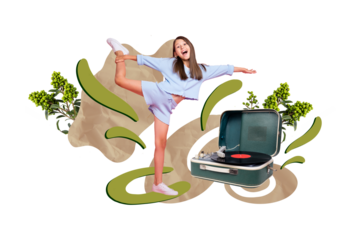 Composite collage image picture of overjoyed girl stretch dance gramophone isolated on creative background