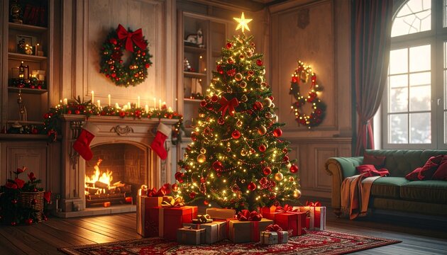 un &aacute;rbol de Navidad en un sal&oacute;n hogare&ntilde;o decorado con esp&iacute;ritu navide&ntilde;o. El &aacute;rbol es frondoso, iluminado con luces c&aacute;lidas y adornado con bolas rojas, doradas y plateadas.