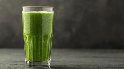 A refreshing green smoothie in a clear glass, set against a dark background, showcasing its vibrant color and texture.