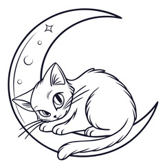 A whimsical line art illustration of a cute kitten resting comfortably on a crescent moon adorned with stars and circles under a starry night sky