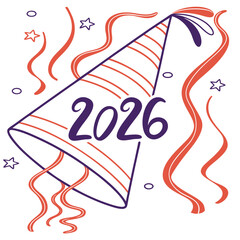 Celebrate the upcoming year 2026 with a festive party hat adorned with colorful streamers and stars symbolizing joy and new beginnings for the year ahead