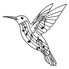 Artistic black and white line drawing of a hummingbird with musical notes and staff integrated into its body and wings creating a harmonious visual symphony