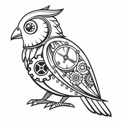 Detailed black and white illustration of a mechanical owl with intricate gears and clockwork mechanisms incorporated into its design standing on its feet