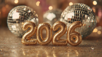 Golden 2026 balloon numbers with disco balls and festive lights, shiny party decoration for New Year celebration posters, greeting cards, and holiday marketing