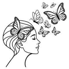 Elegant black and white line art illustration of a woman s profile with butterflies emerging from her head symbolizing freedom and imagination