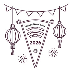 Festive pennant banner with happy new year 2026 message hanging lanterns and firework decorations celebrating the upcoming year with a celebratory and decorative design